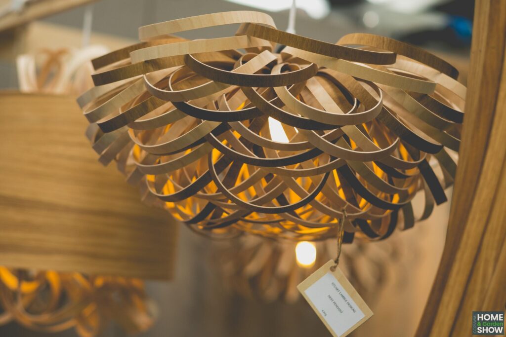 creative art deco wooden sculpted warm light shade, showing lighting solutions at Cornwall Home & Garden Show